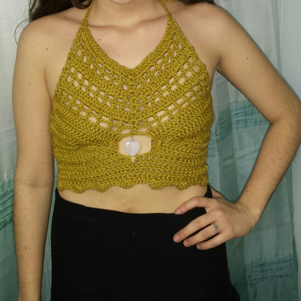 Handmade Crochet Olive Organic Cotton Halter Crop Top With Rose Quartz Heart M